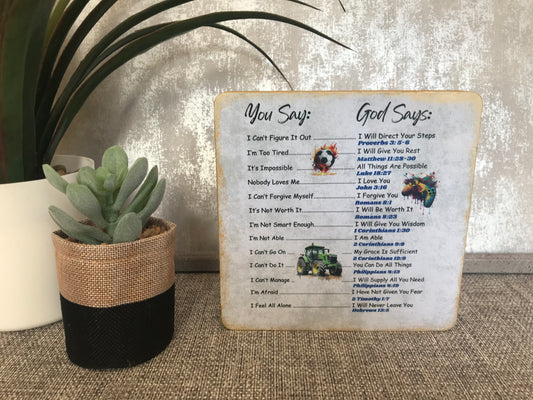 You Say God Says Affirmations - Young Boys Version Wooden Freestanding Plaque 15x15cm