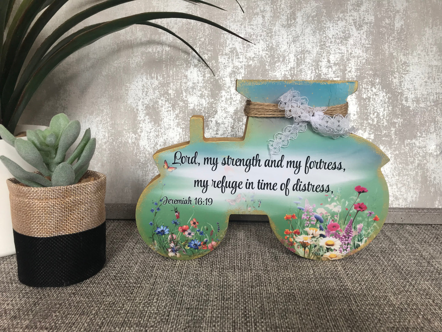 Lord, My Strength & My Fortress Jeremiah 16:19 Wooden Tractor Shape Freestanding Plaque 20x14cm