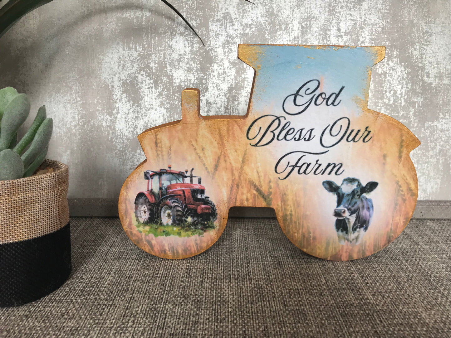 God Bless Our Farm Wooden Tractor Shape Freestanding Plaque 20x14cm
