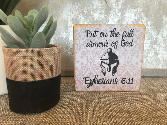 Armour Of God Ephesians 6:11 Wooden Square Shape Freestanding Plaque 10x10cm