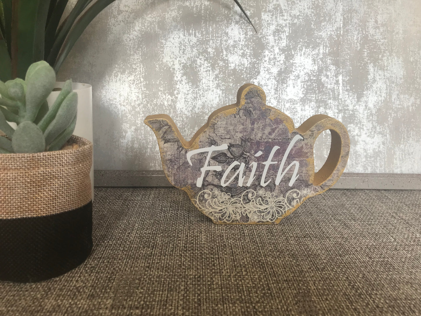 FAITH Wooden Teapot Shape Freestanding Plaque 15x10.5cm