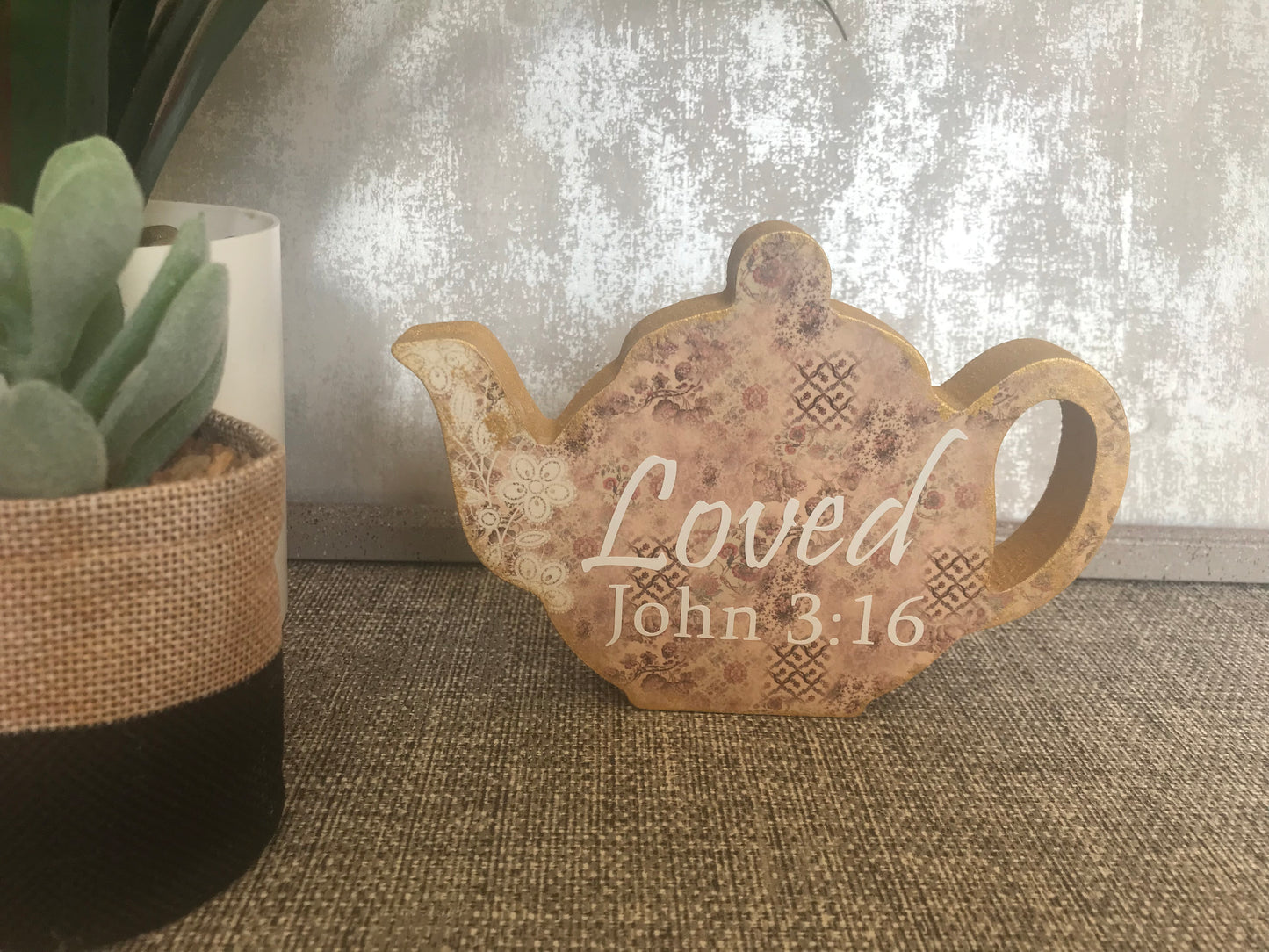 Loved John 3:16 Wooden Teapot Shape Freestanding Plaque 15x10.5cm