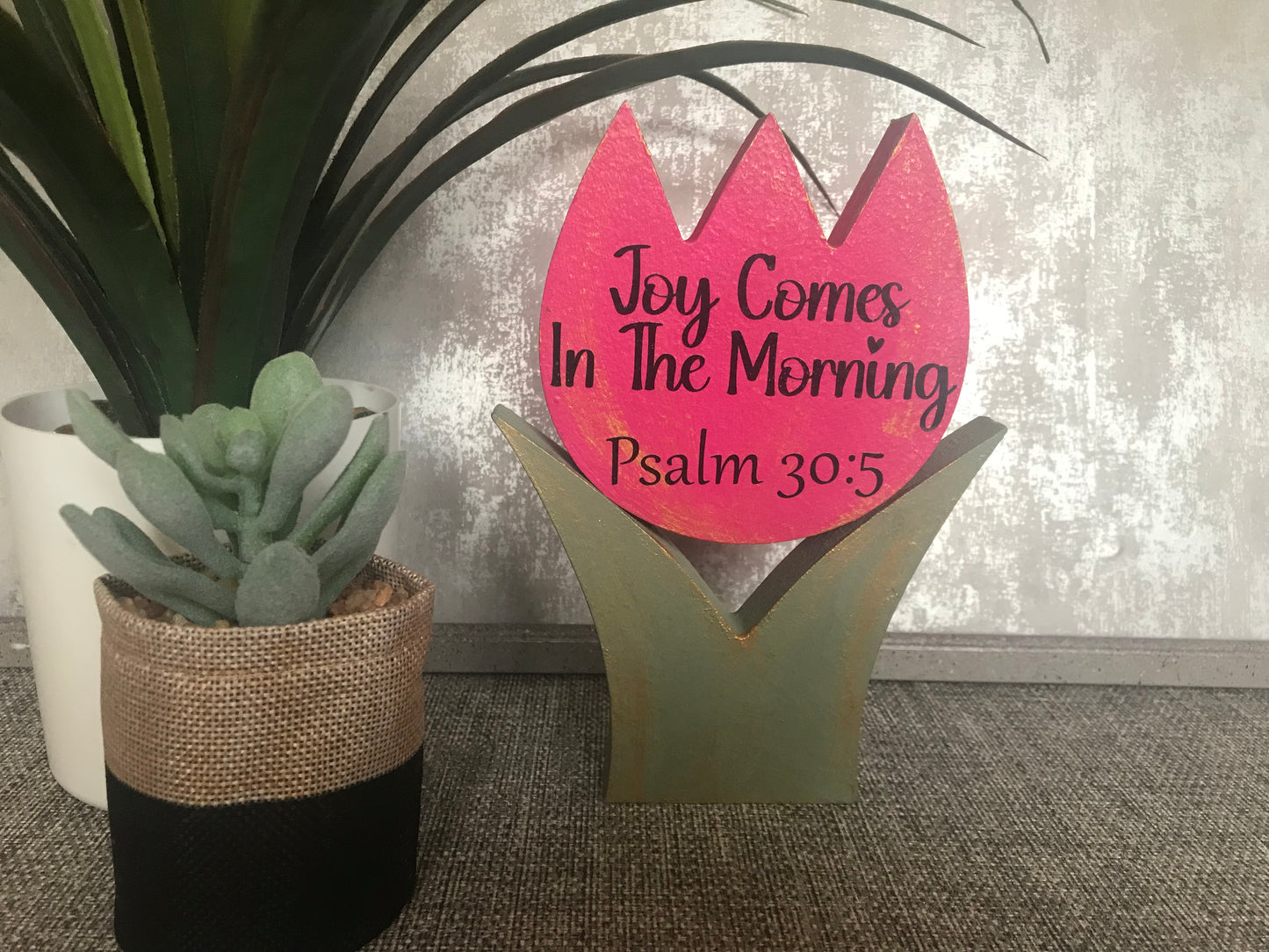 Joy Comes In The Morning Psalm 30:5 Wooden Tulip Shape Freestanding Plaque 17.5x12.5cm