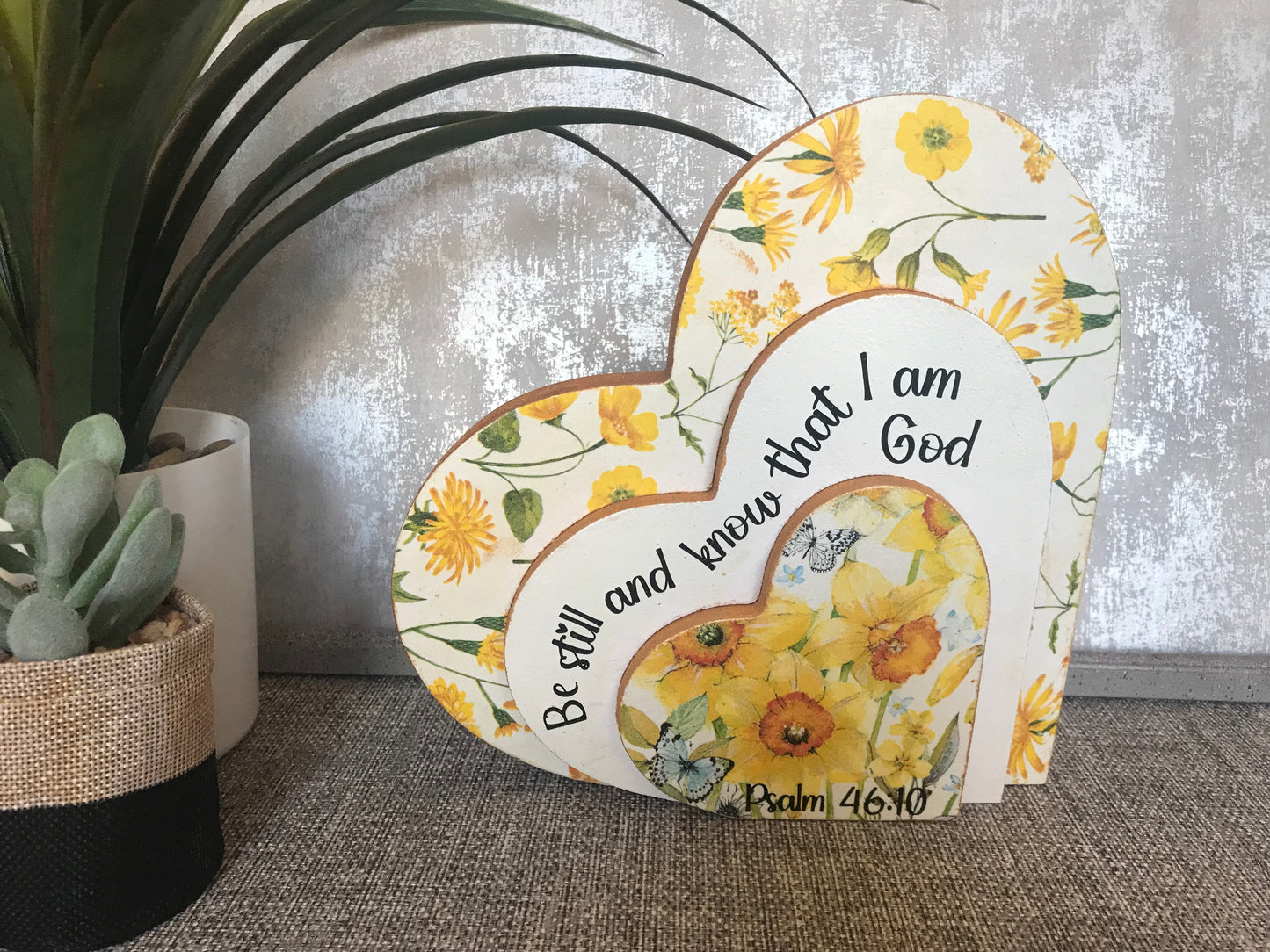 Be Still & Know That I Am God Psalm 46:10 Wooden Layered Heart Freestanding Plaque 20x20cm