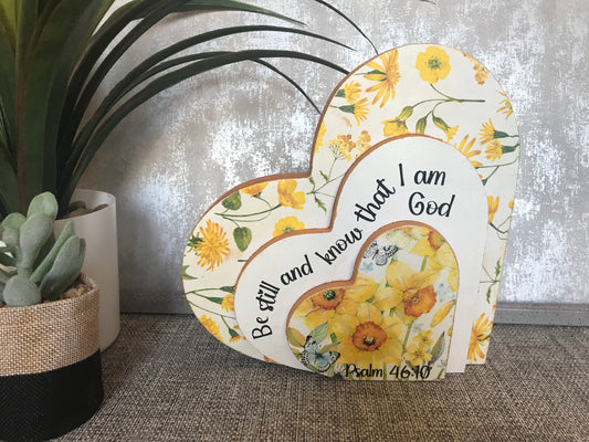 Be Still & Know That I Am God Psalm 46:10  Wooden Layered Heart Freestanding Plaque 20x20cm