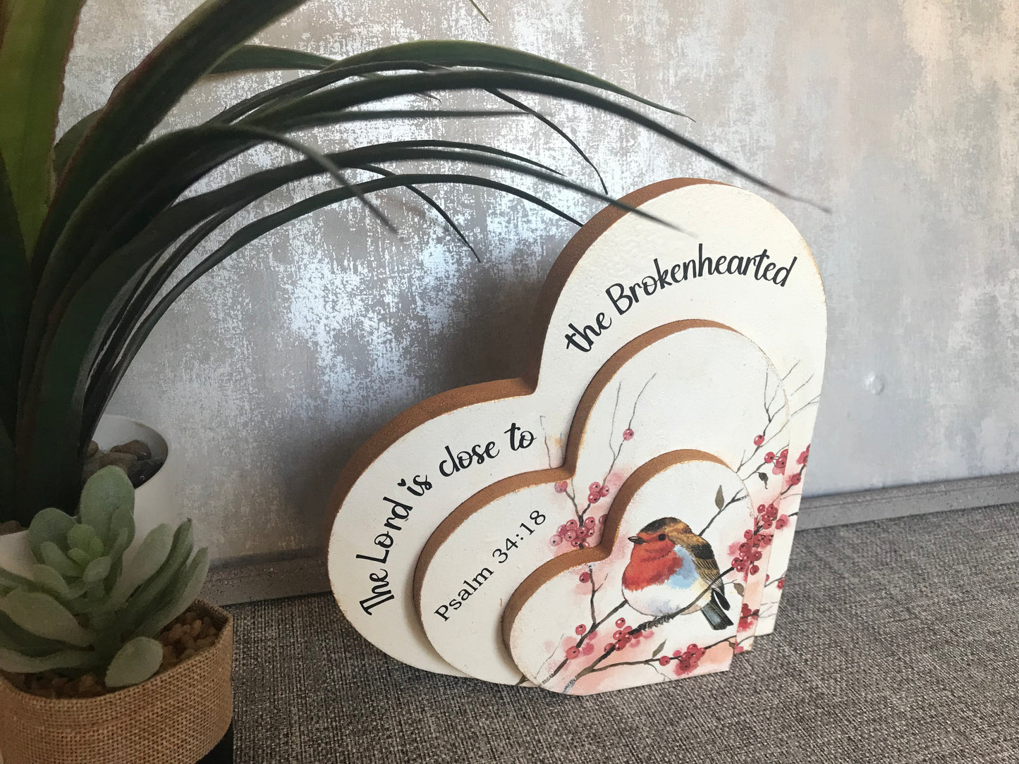 The Lord is close to the Brokenhearted Psalm 34:18 Wooden Layered Heart Freestanding Plaque 20x20cm