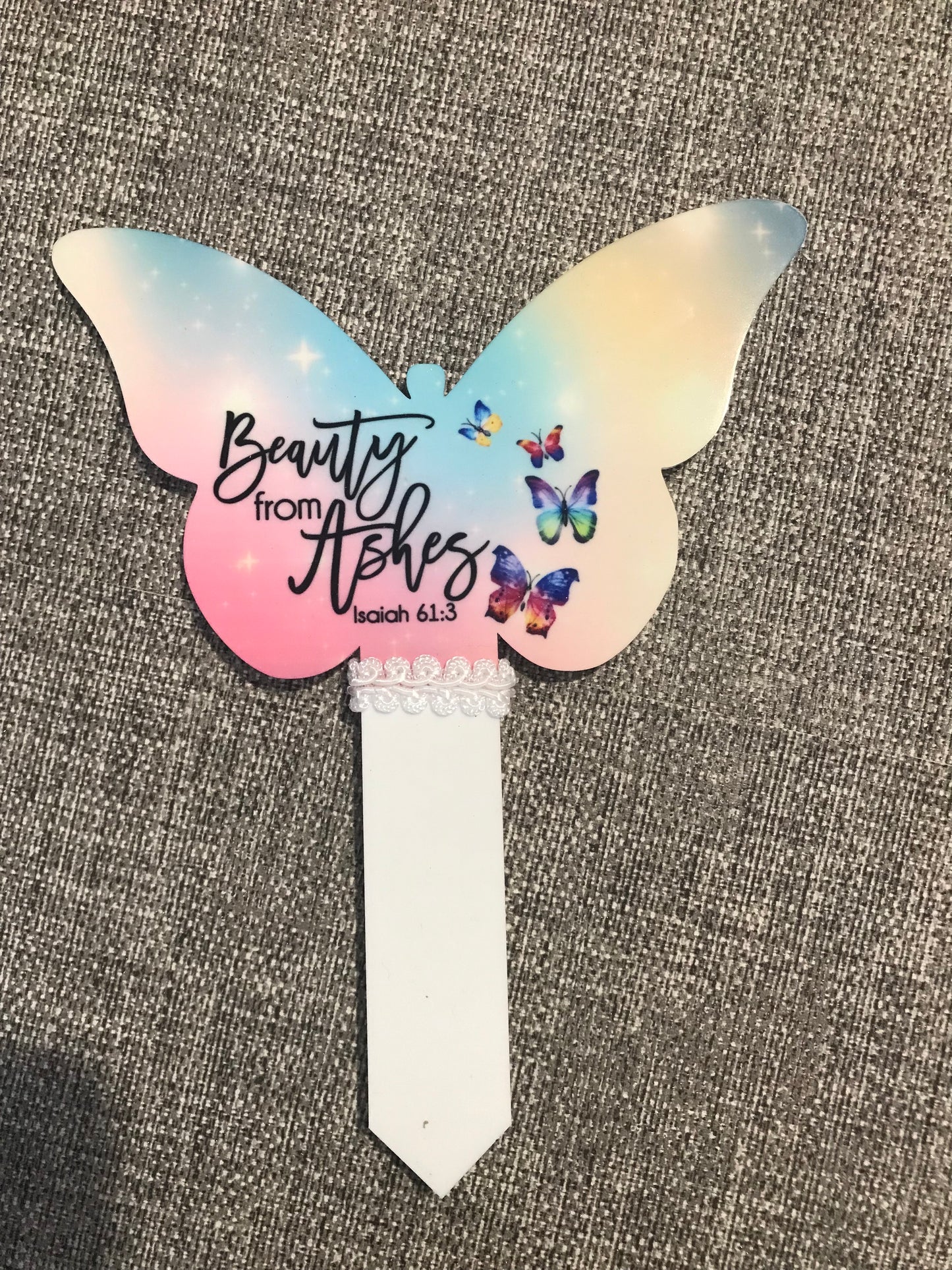 Butterfly Grave Marker 17x22.5cm Beauty From Ashes Isaiah 61:3 with colourful butterflies
