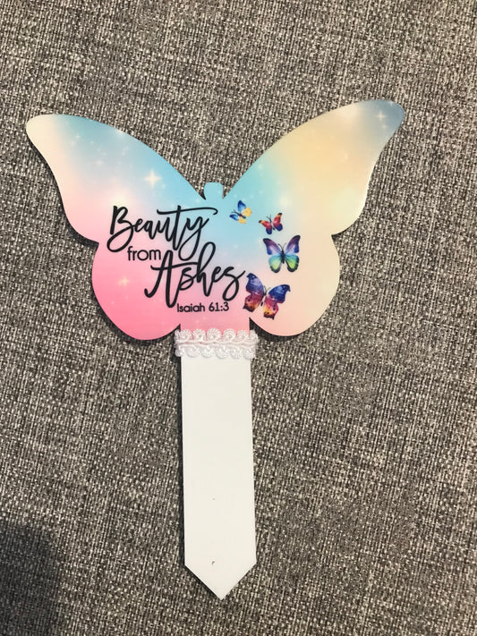 Butterfly Grave Marker  17x22.5cm Beauty From Ashes Isaiah 61:3 with colourful butterflies