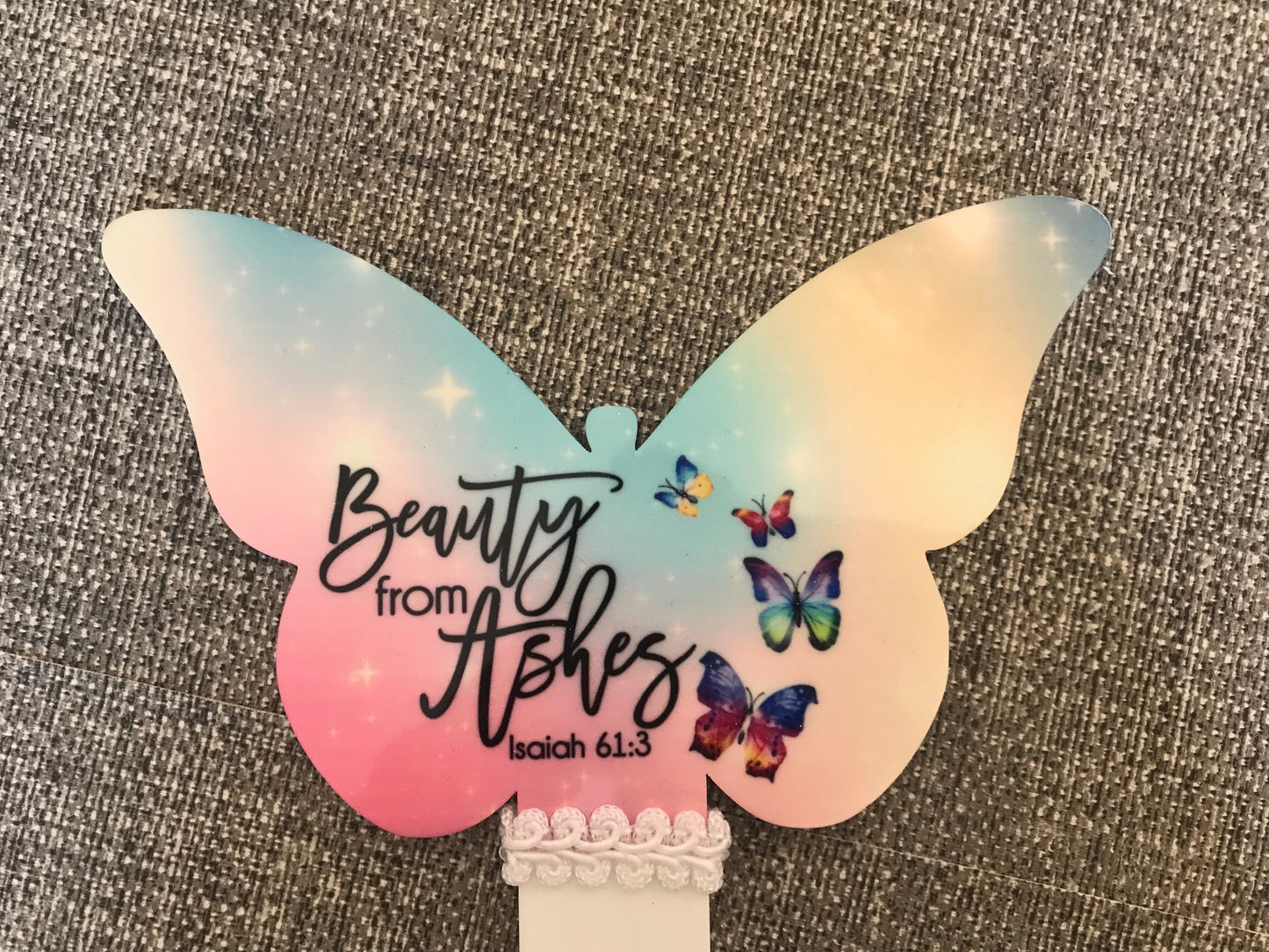 Butterfly Grave Marker 17x22.5cm Beauty From Ashes Isaiah 61:3 with colourful butterflies