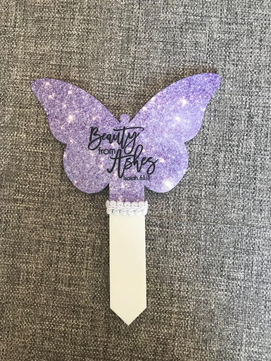 Butterfly Grave Marker  17x22.5cm Beauty From Ashes Isaiah 61:3 Purple Sparkle