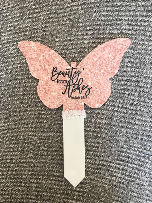 Butterfly Grave Marker  17x22.5cm Beauty From Ashes Isaiah 61:3 Blue Sparkle