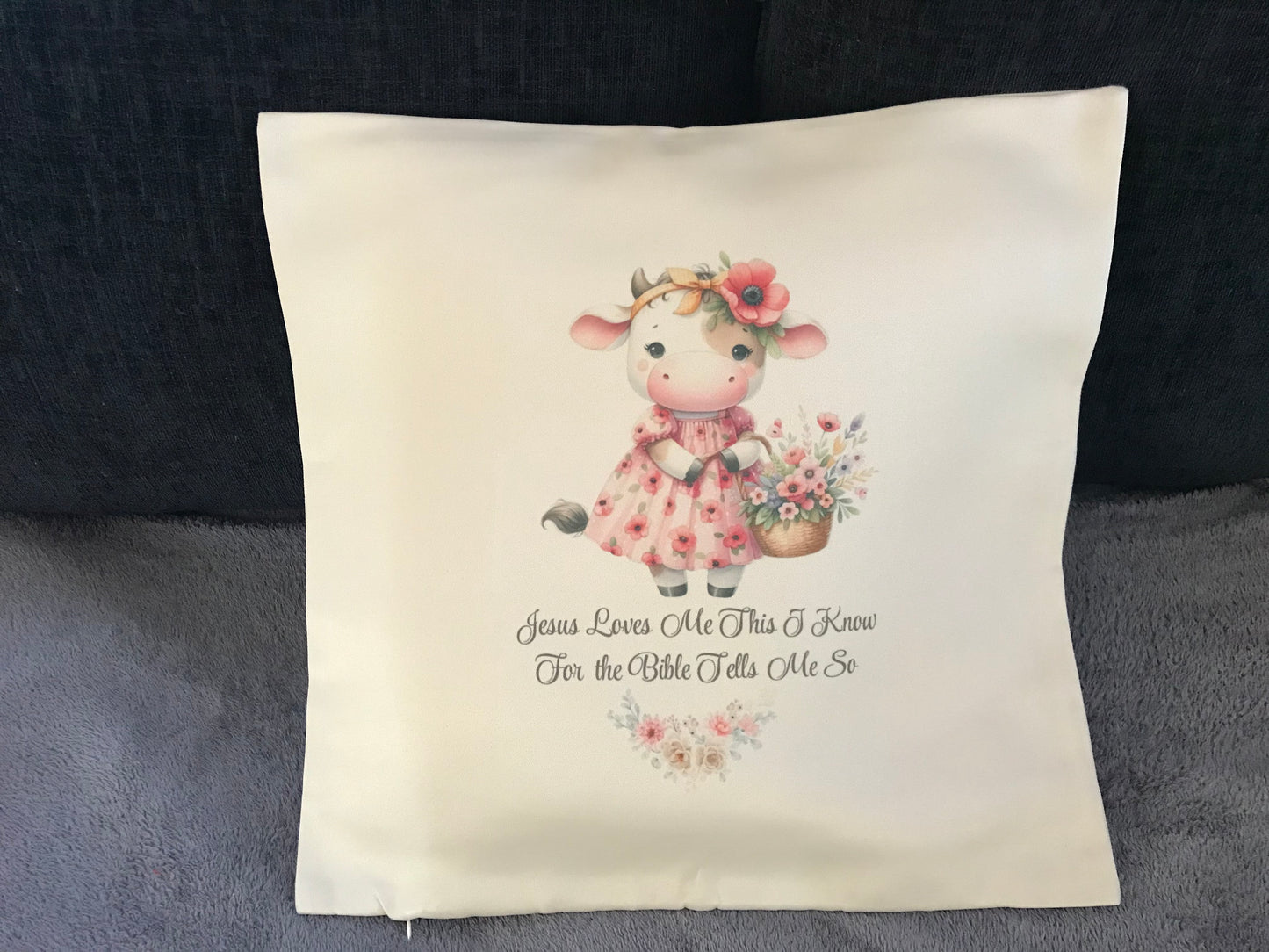 Cushion Cover 45x45cm Jesus Loves Me This I Know For The Bible Tells Me So - Pink Cow