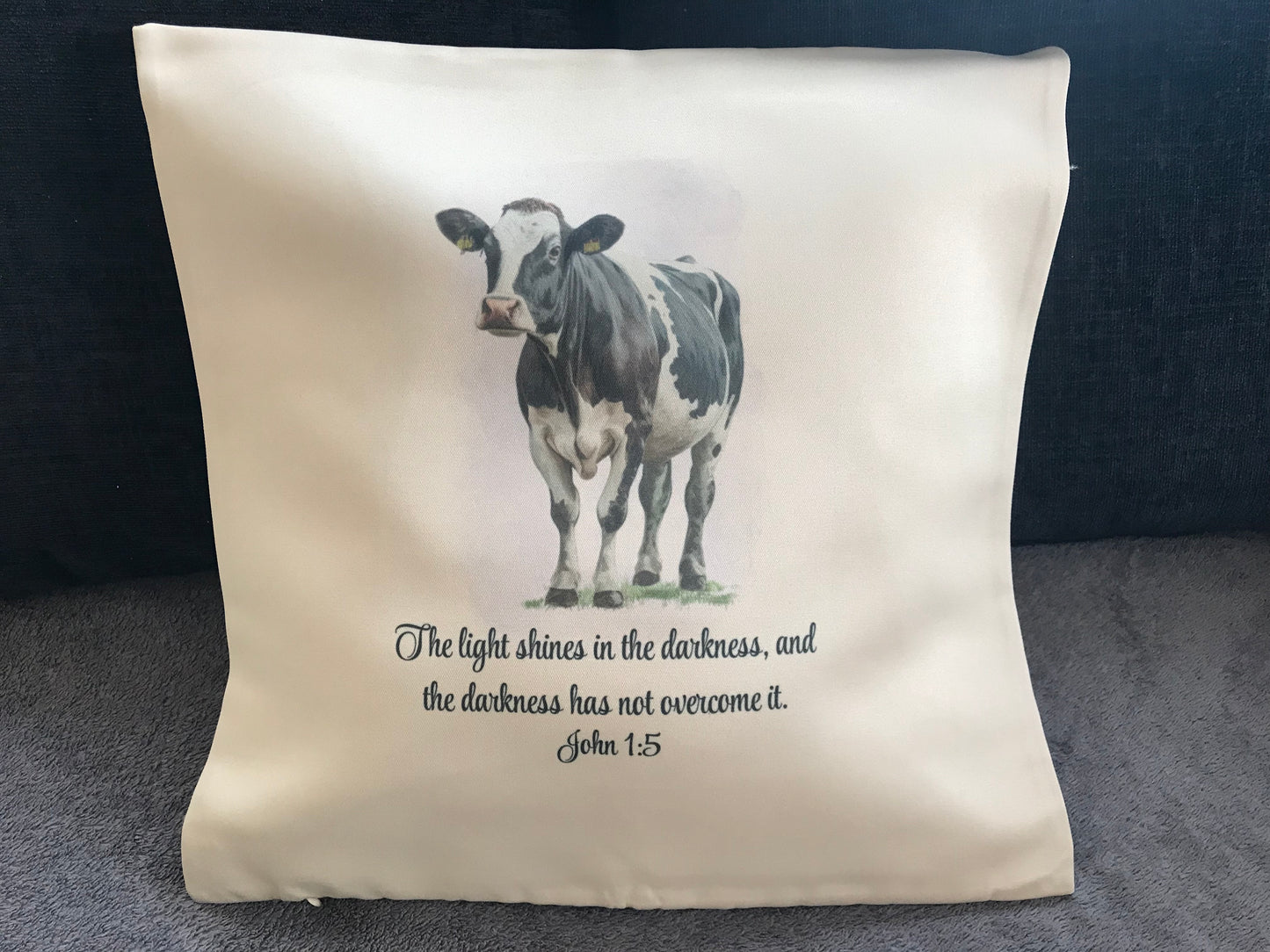Cushion Cover 45x45cm Light Overcomes Darkness John 1:5 Fresian Cow