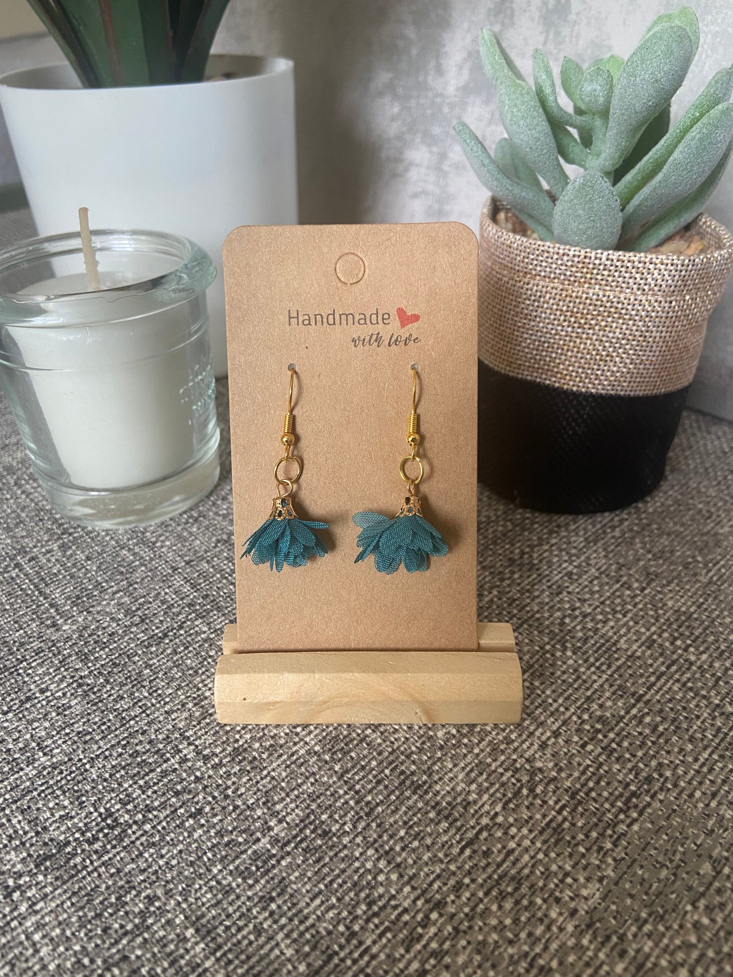 Fabric Floral Gold Drop Earrings - Variety Colours