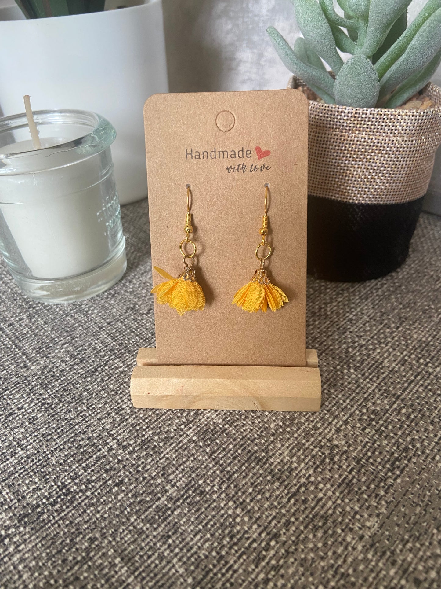 Fabric Floral Gold Drop Earrings - Variety Colours