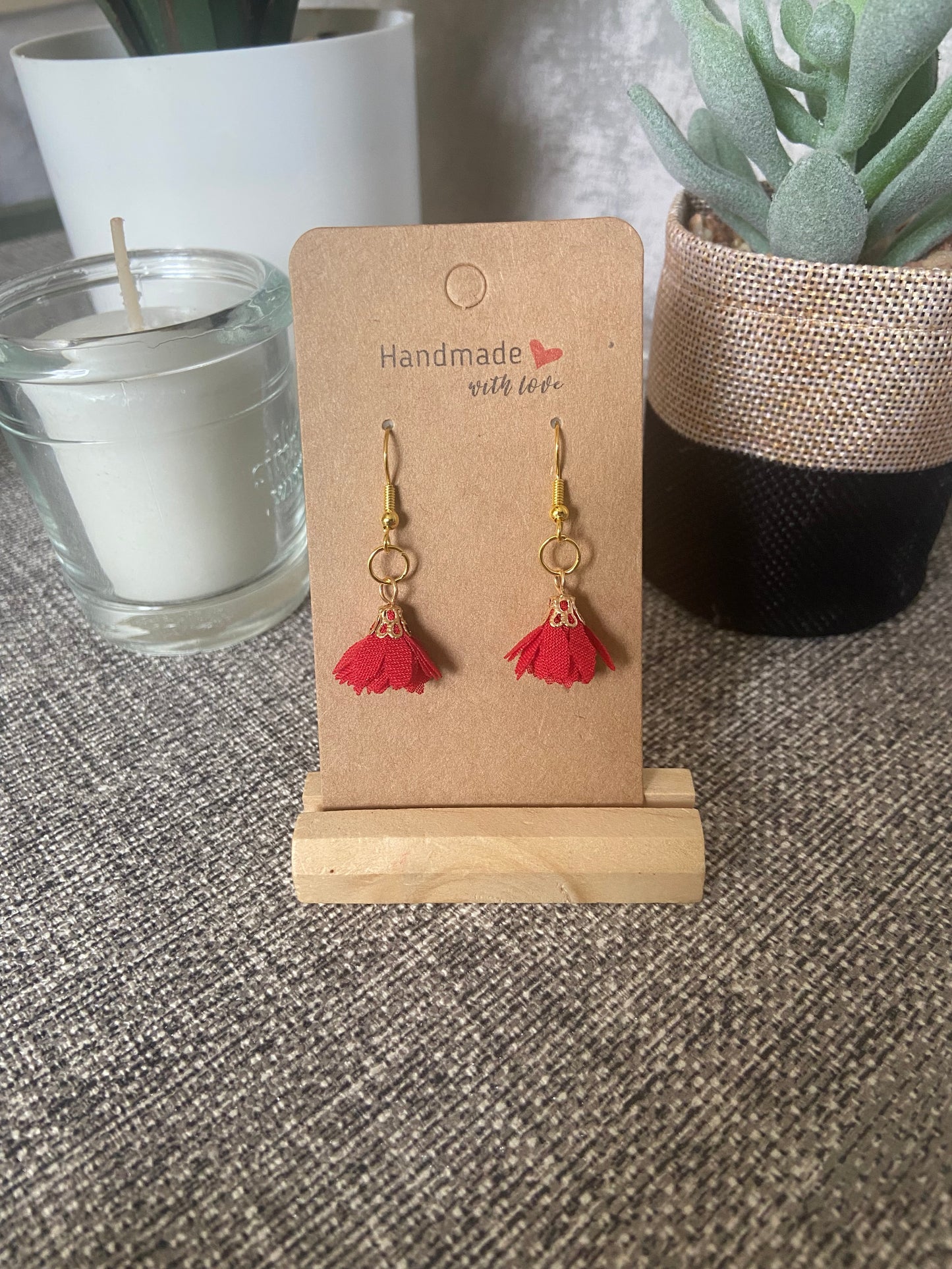 Fabric Floral Gold Drop Earrings - Variety Colours