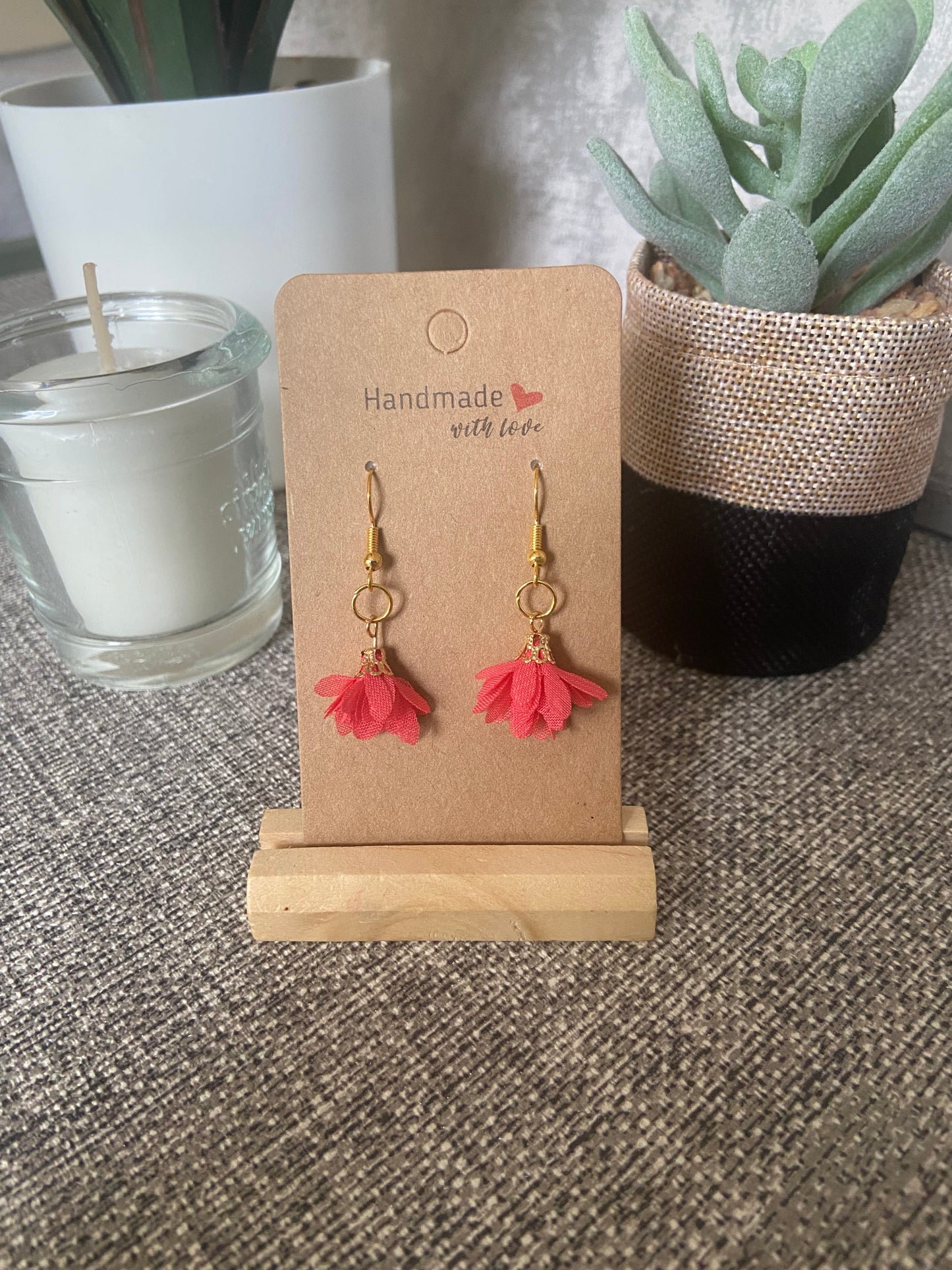 Fabric Floral Gold Drop Earrings - Variety Colours
