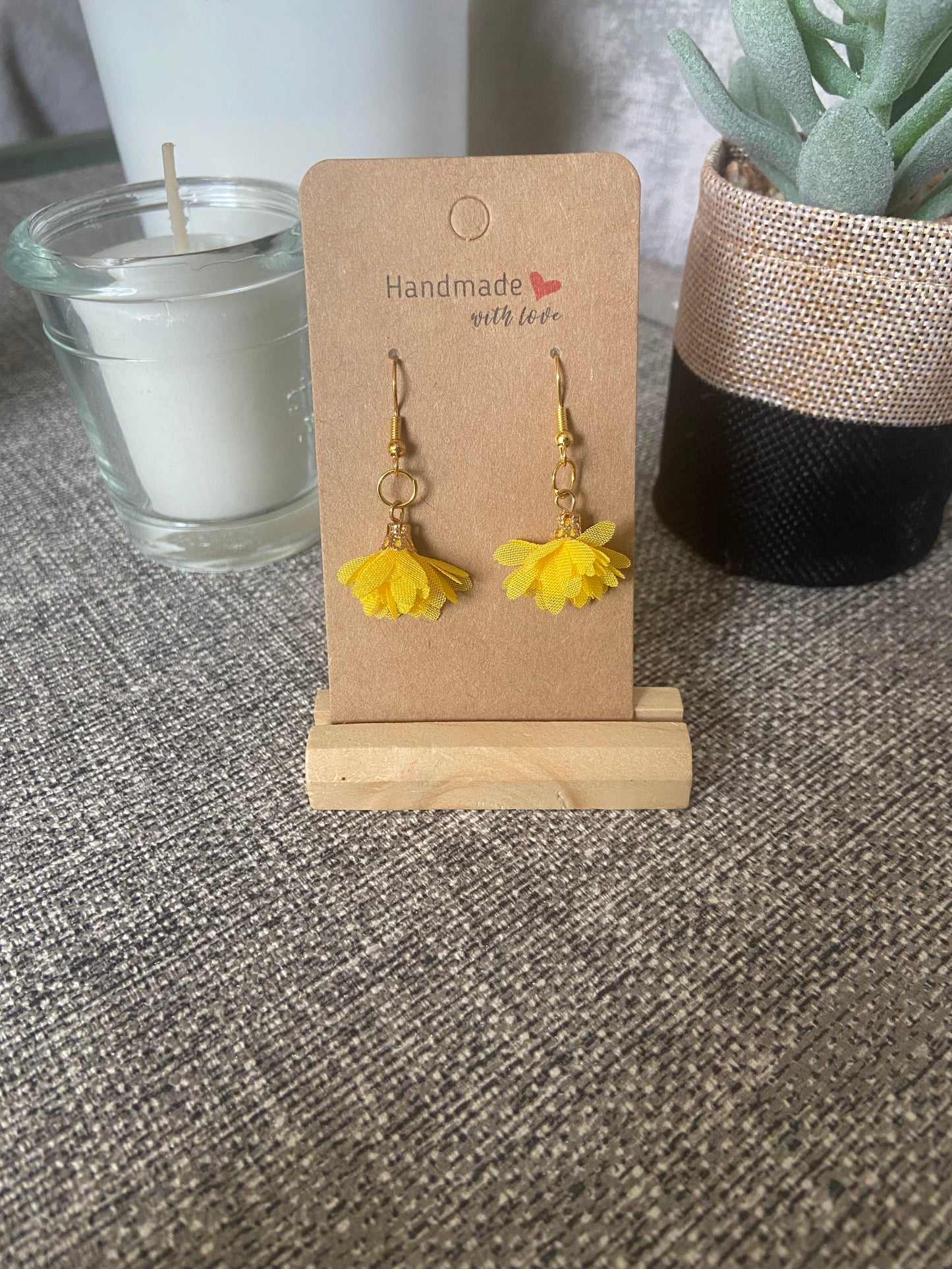 Fabric Floral Gold Drop Earrings - Variety Colours