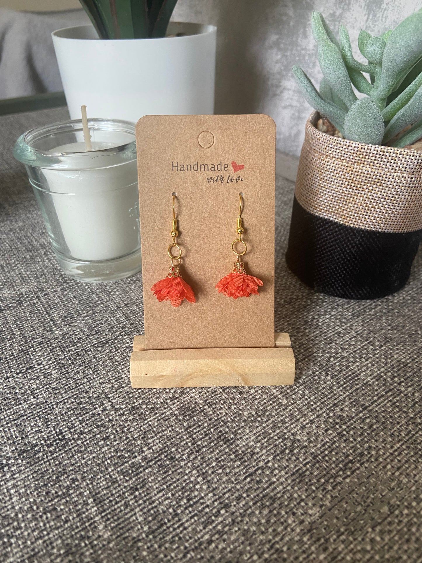 Fabric Floral Gold Drop Earrings - Variety Colours