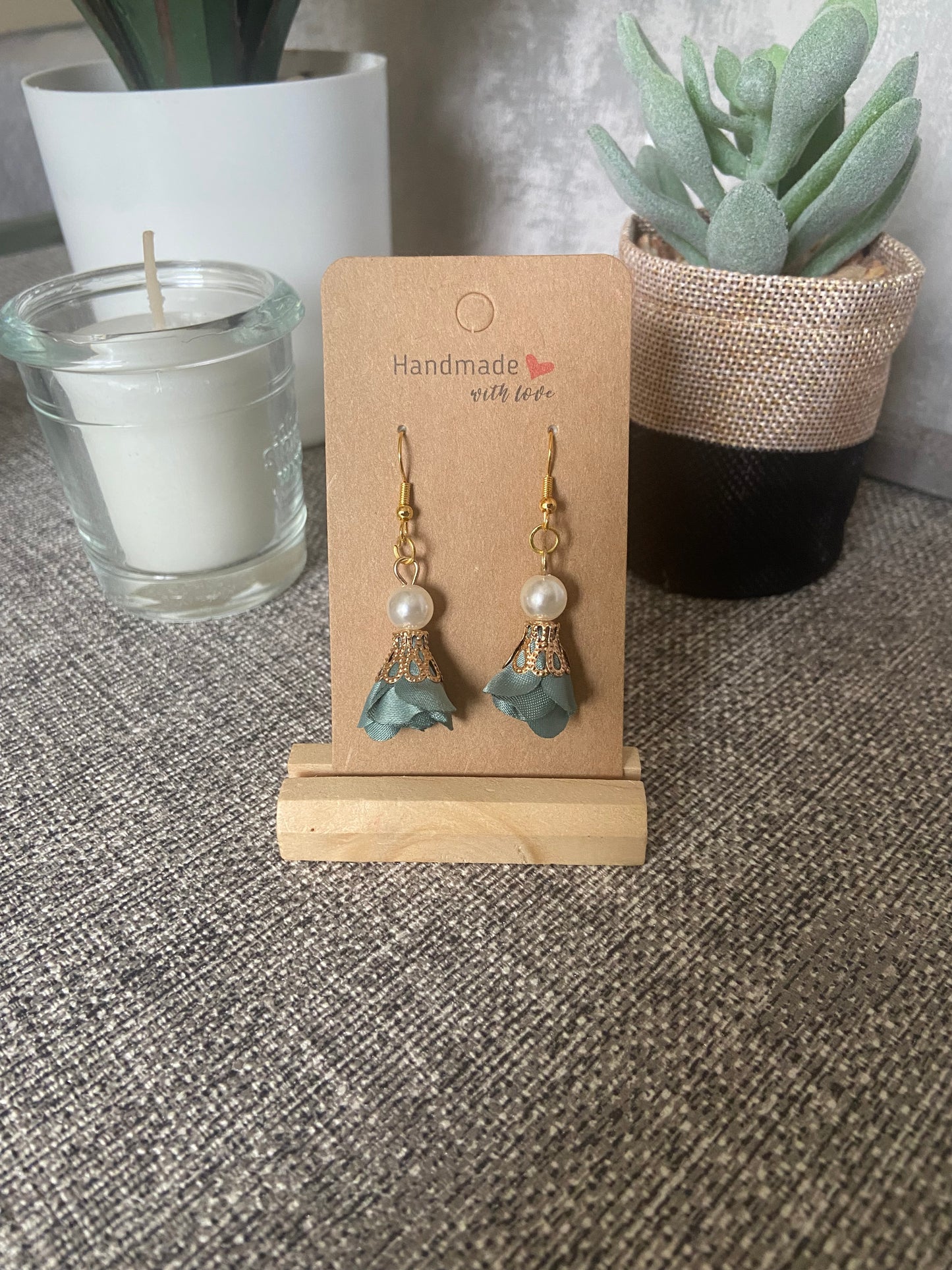 Fabric Floral Drop Gold Earrings with faux pearl - Variety Colours
