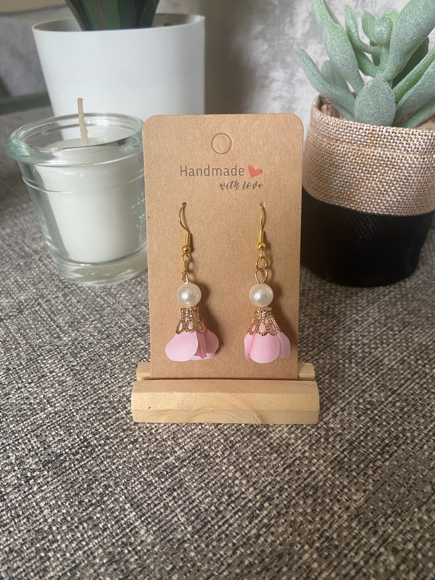 Fabric Floral Drop Gold Earrings with faux pearl - Variety Colours