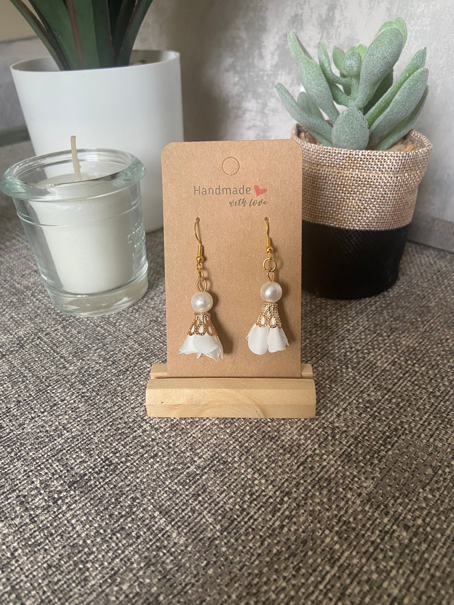 Fabric Floral Drop Gold Earrings with faux pearl - Variety Colours