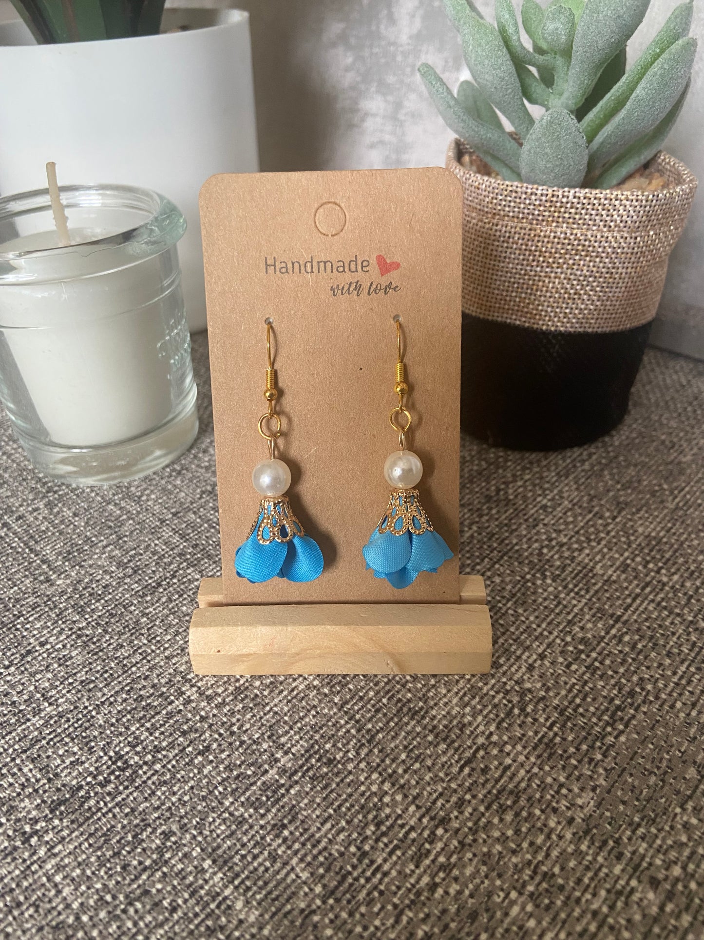 Fabric Floral Drop Gold Earrings with faux pearl - Variety Colours