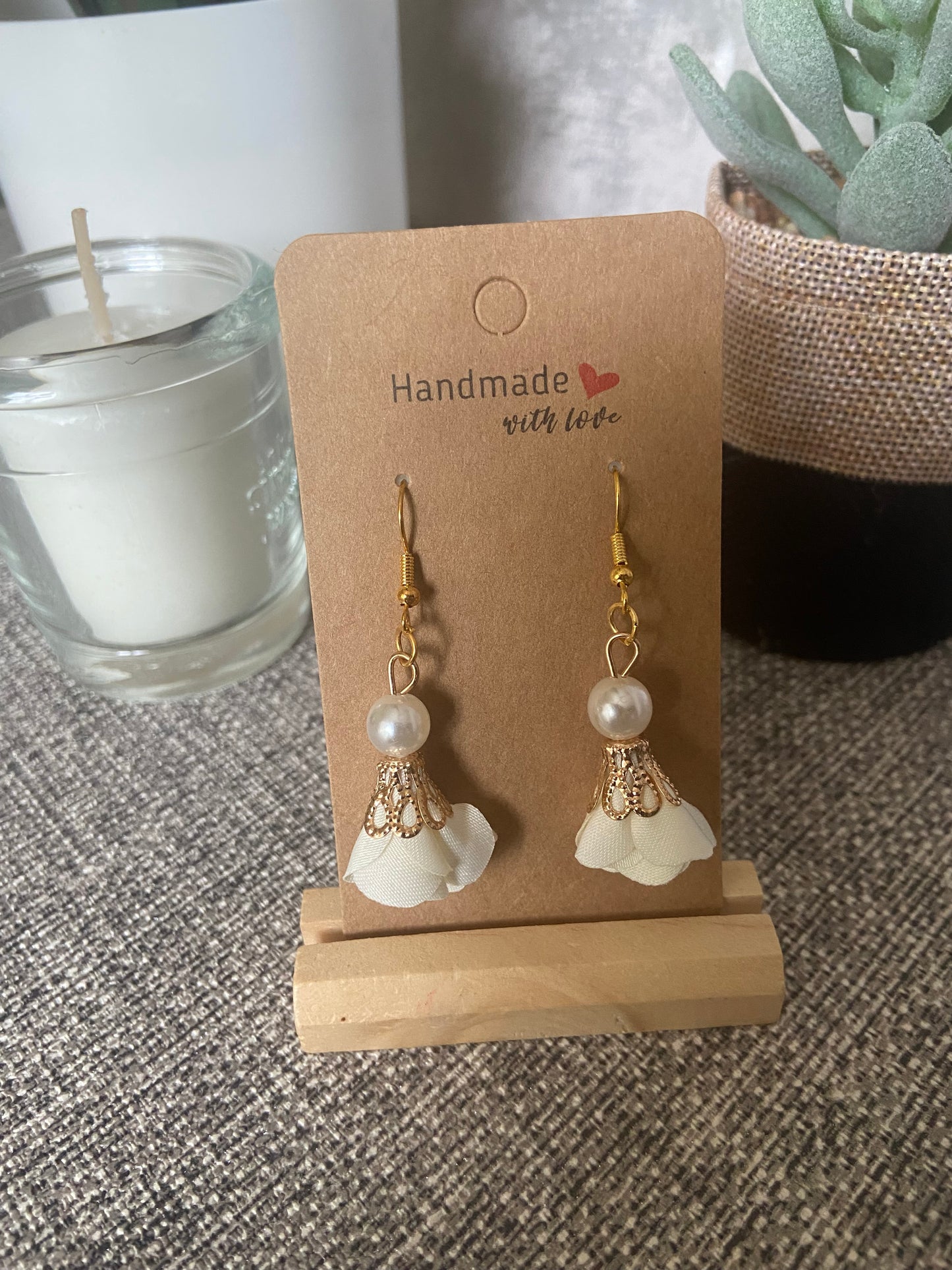 Fabric Floral Drop Gold Earrings with faux pearl - Variety Colours
