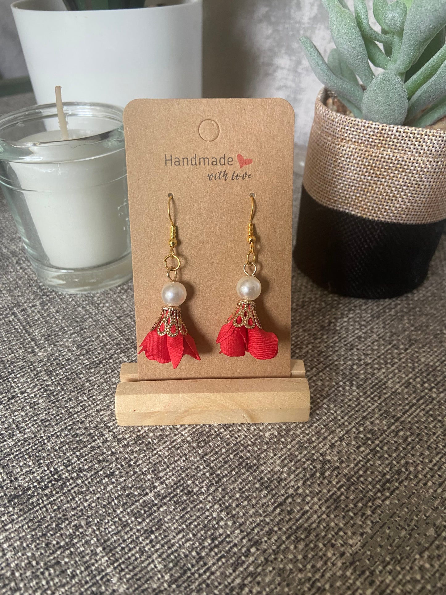 Fabric Floral Drop Gold Earrings with faux pearl - Variety Colours