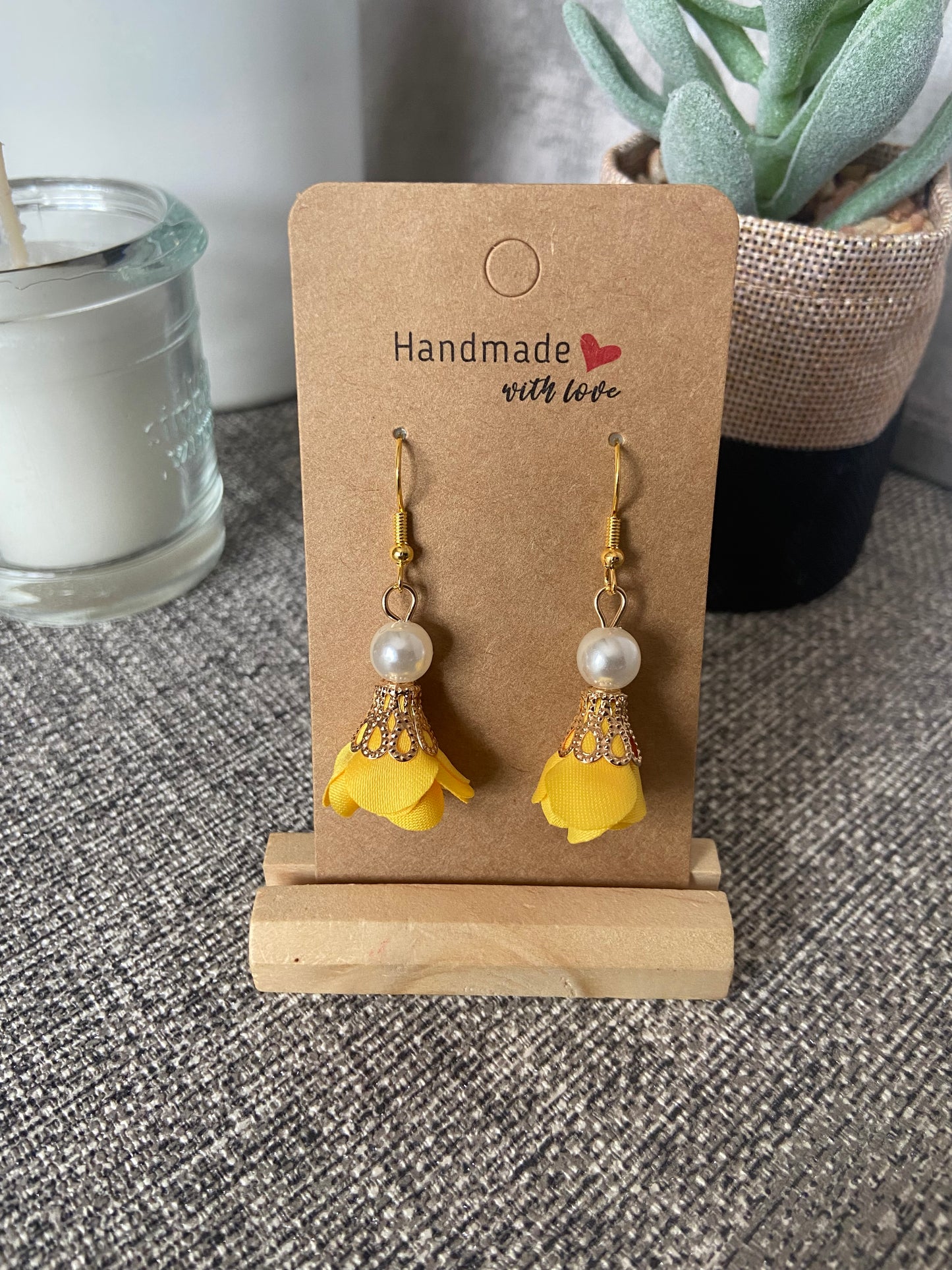 Fabric Floral Drop Gold Earrings with faux pearl - Variety Colours