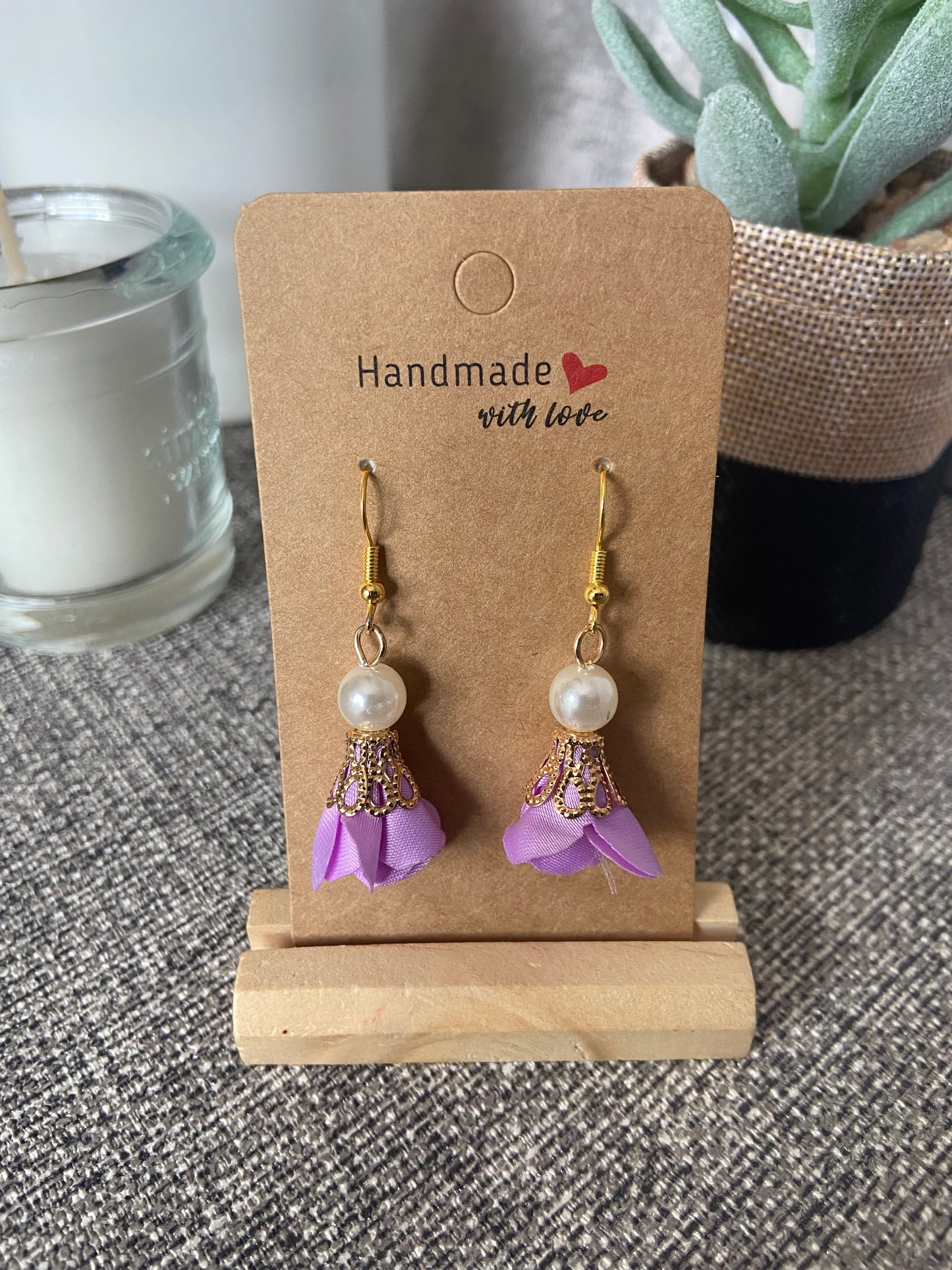 Fabric Floral Drop Gold Earrings with faux pearl - Variety Colours