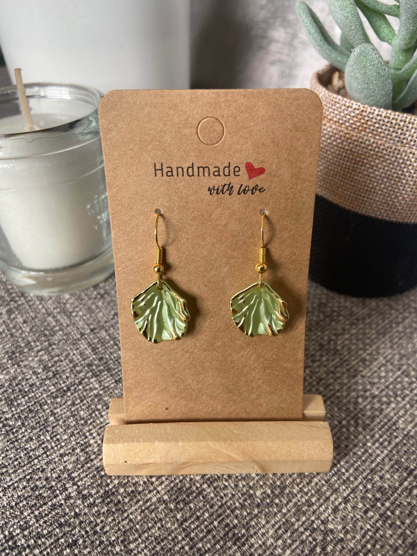 White Leaf Gold Trimmed Drop Gold Earring