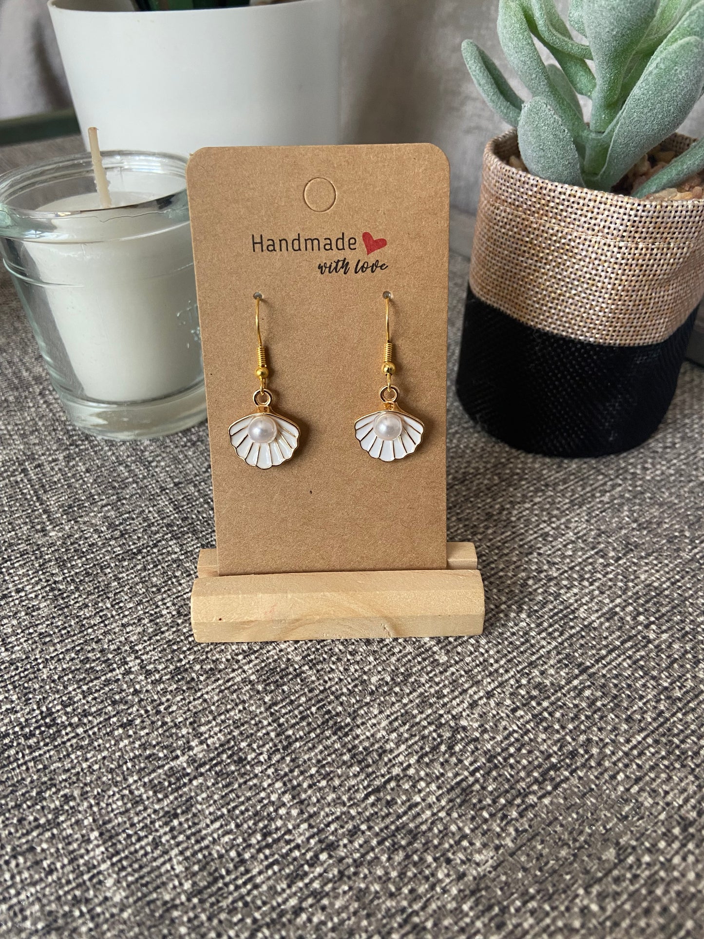 Shell Gold Trim with Faux Pearl Drop Gold Earring