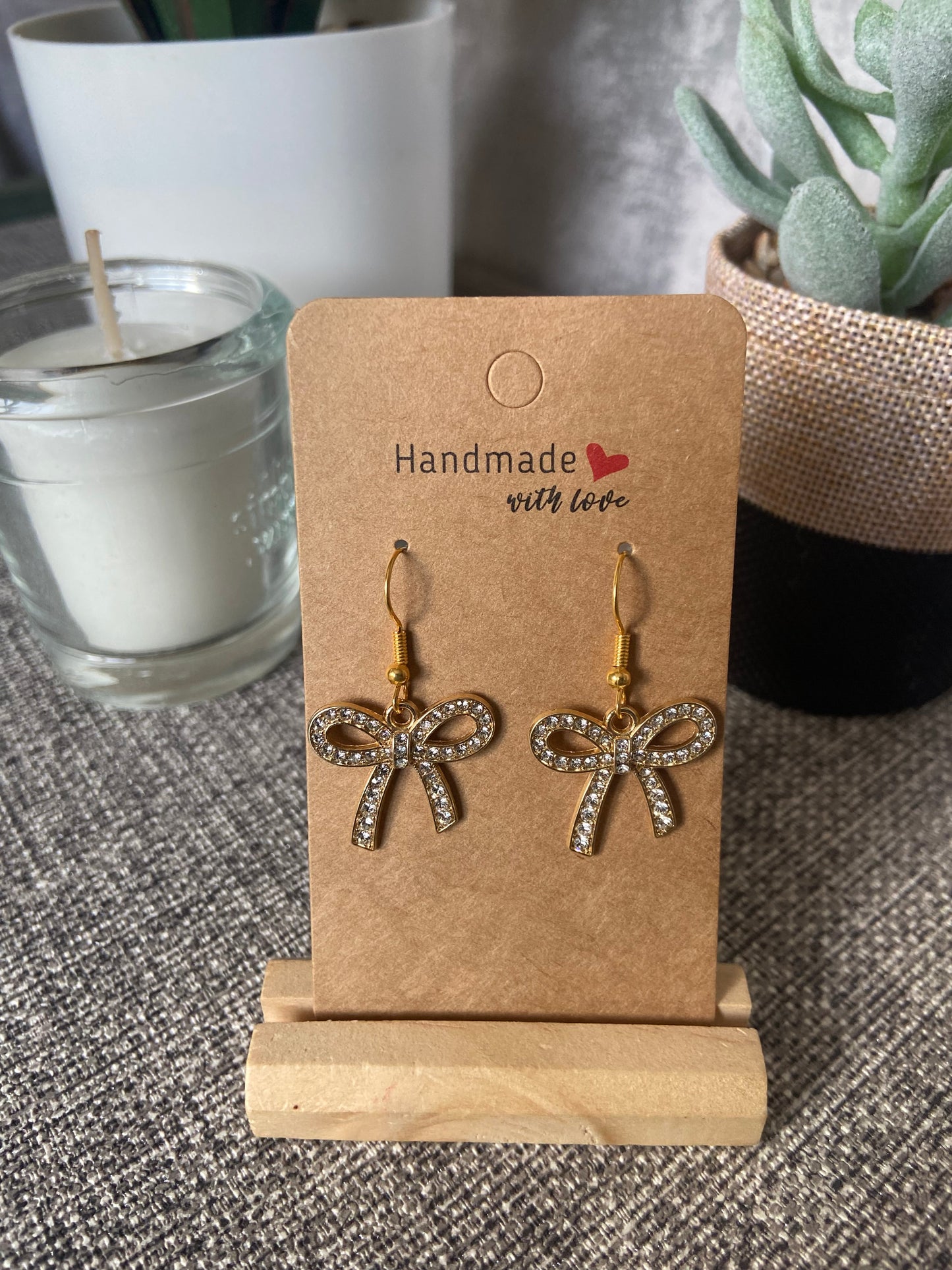 Large Bow Rhinestone Dangle Earring - Silver or Gold