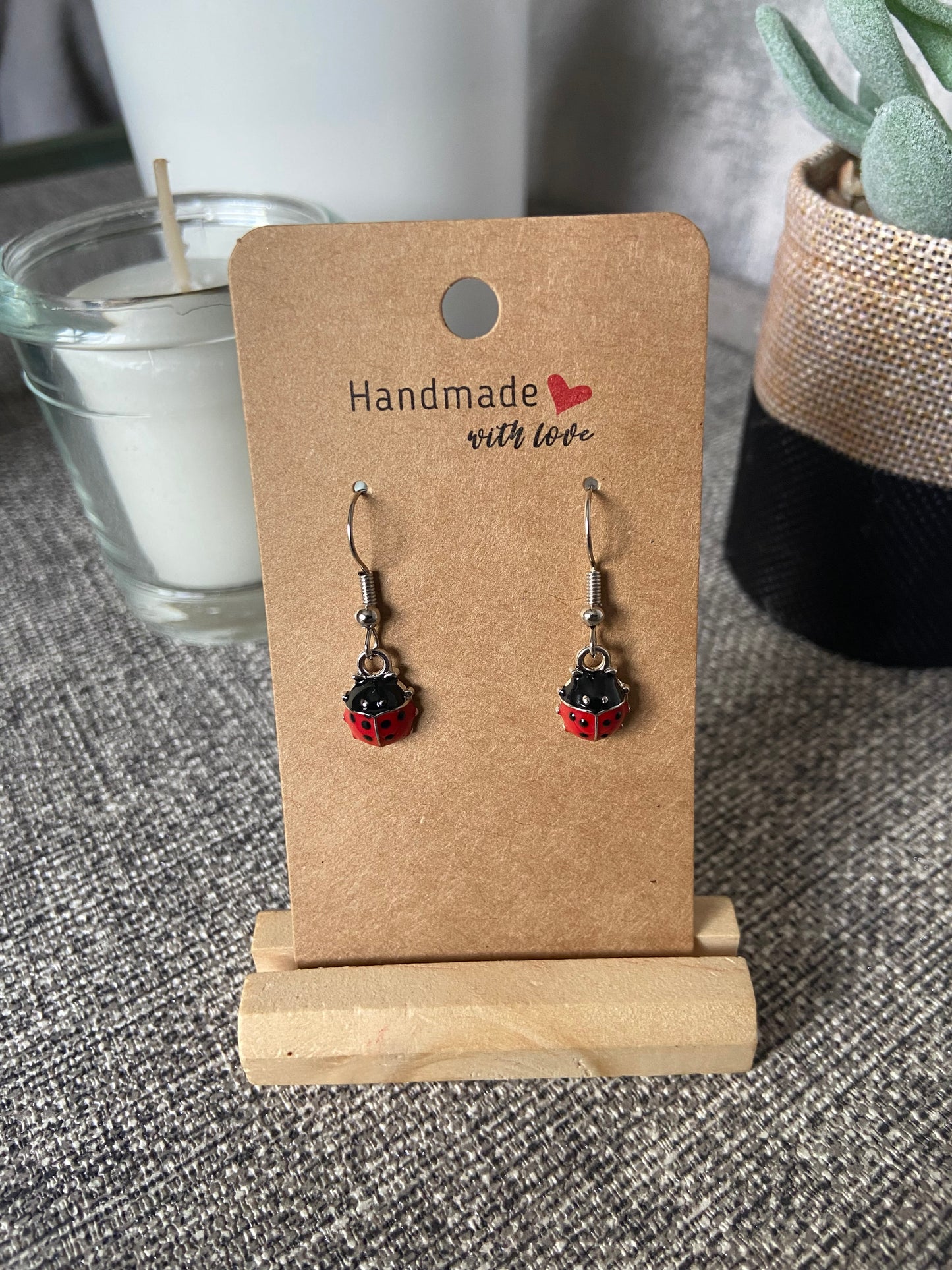 Small Ladybird Dangle Silver Earring - Silver or Gold