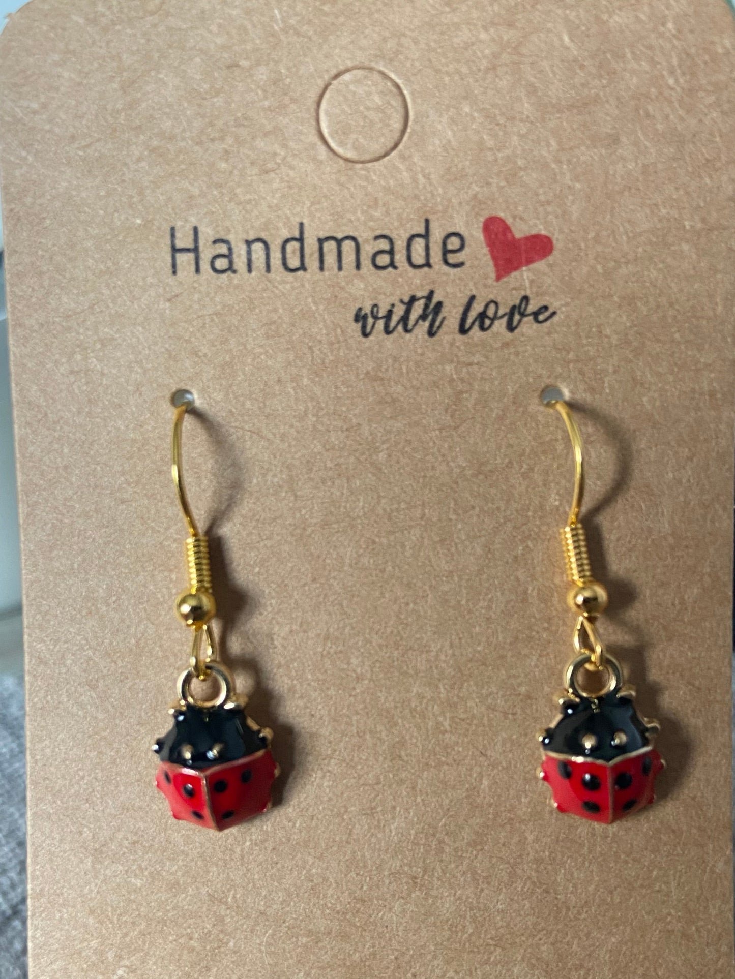 Small Ladybird Dangle Silver Earring - Silver or Gold