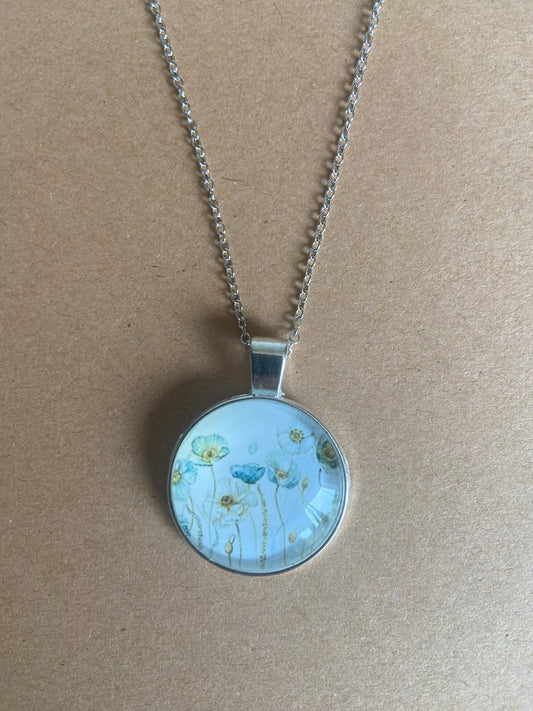 Blue Floral Pendant Silver Necklace (60cm chain) 4 variations