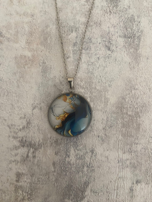 Blue Gold Liquid Art Pendant Silver Necklace (60cm chain) 8 variations