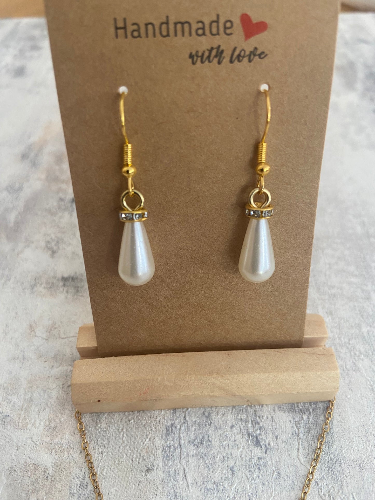 Pearl Tear Drop Dangle Gold Earrings & Necklace Set