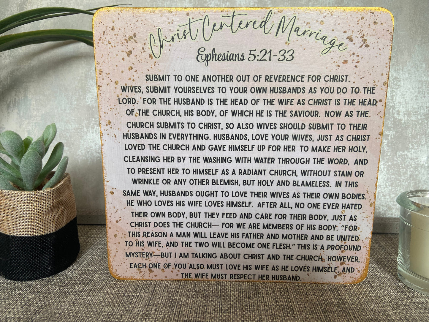 Christ Centered Marriage Ephesians 5:21-33 Wooden Square Shape Freestanding Plaque 20x20cm