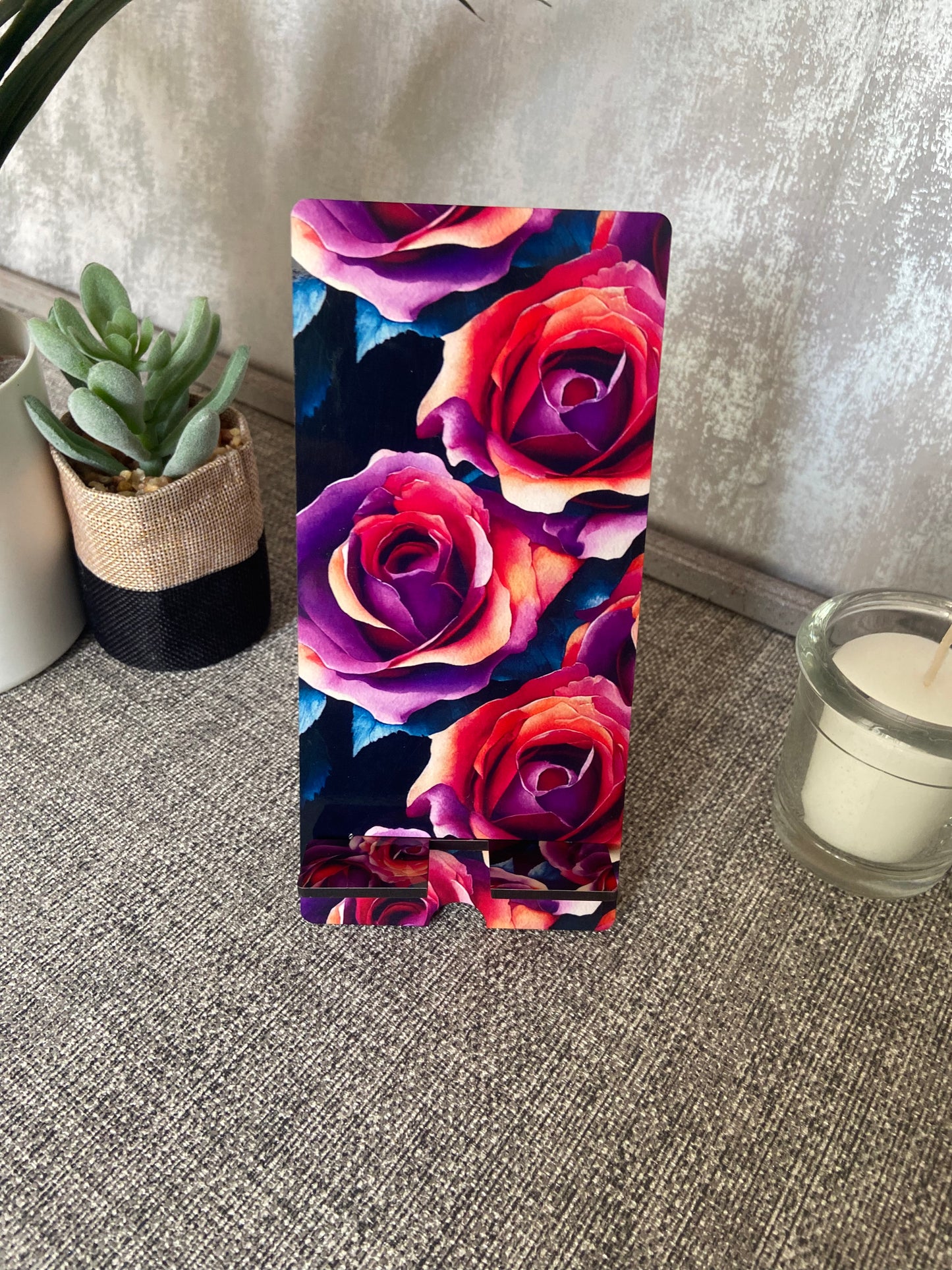 Mobile Phone Stand MDF - Purple/Red Floral