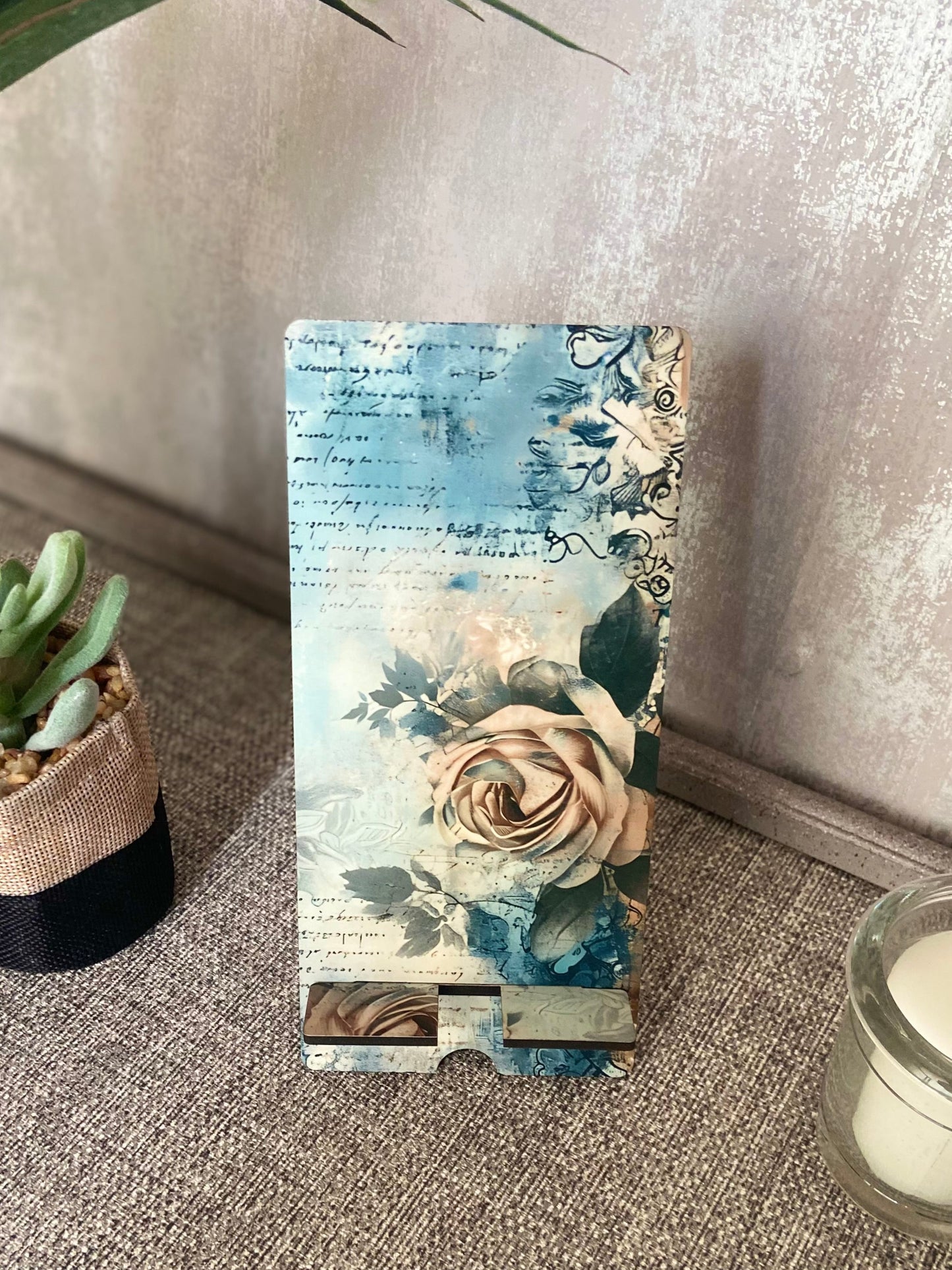 Mobile Phone Stand MDF - Blue/ Beige Vintage Rose