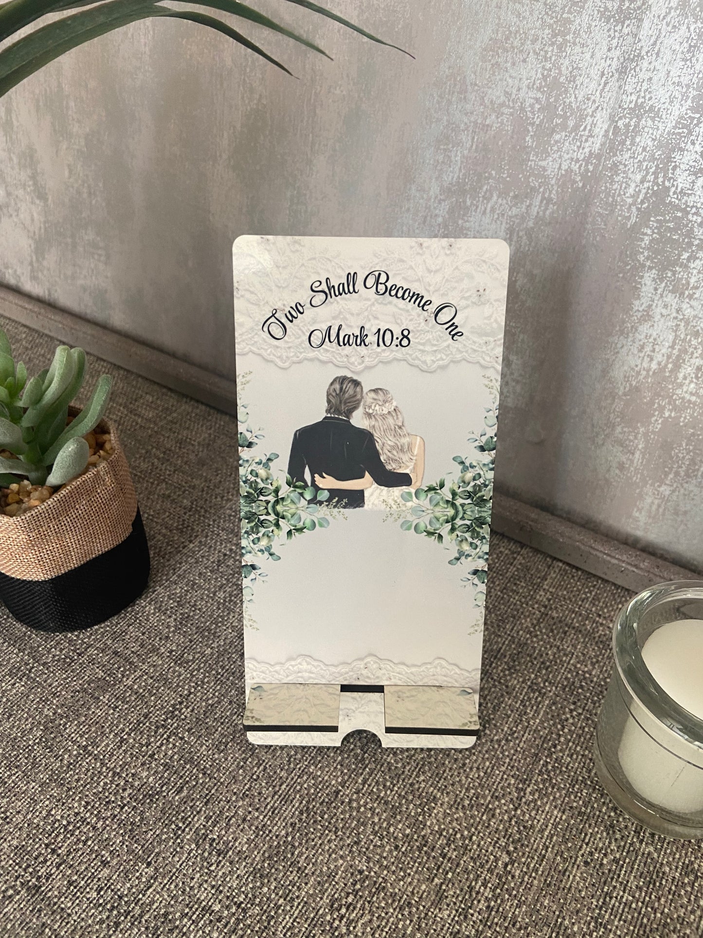Mobile Phone Stand MDF - Two Shall Become One Mark 10:8