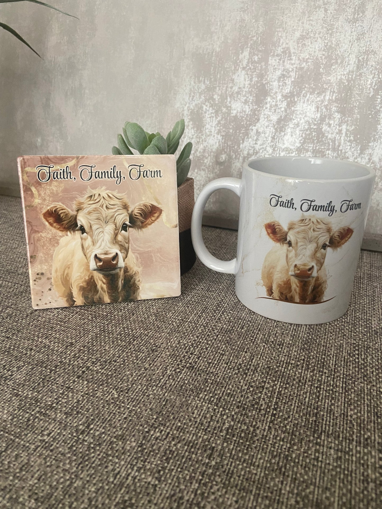 Faith, Family, Farm Cow Mug & Coaster Set