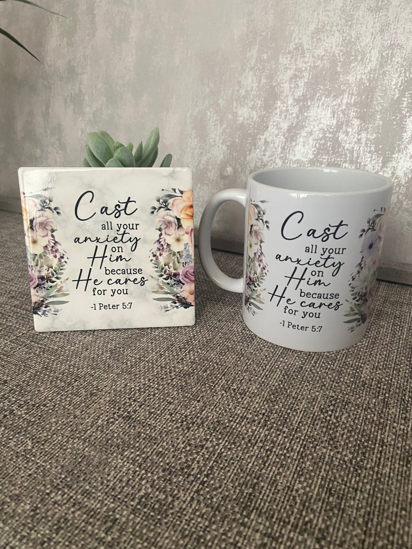 Cast All Your Anxiety On Him 1 Peter 5:7 Mug & Coaster Set