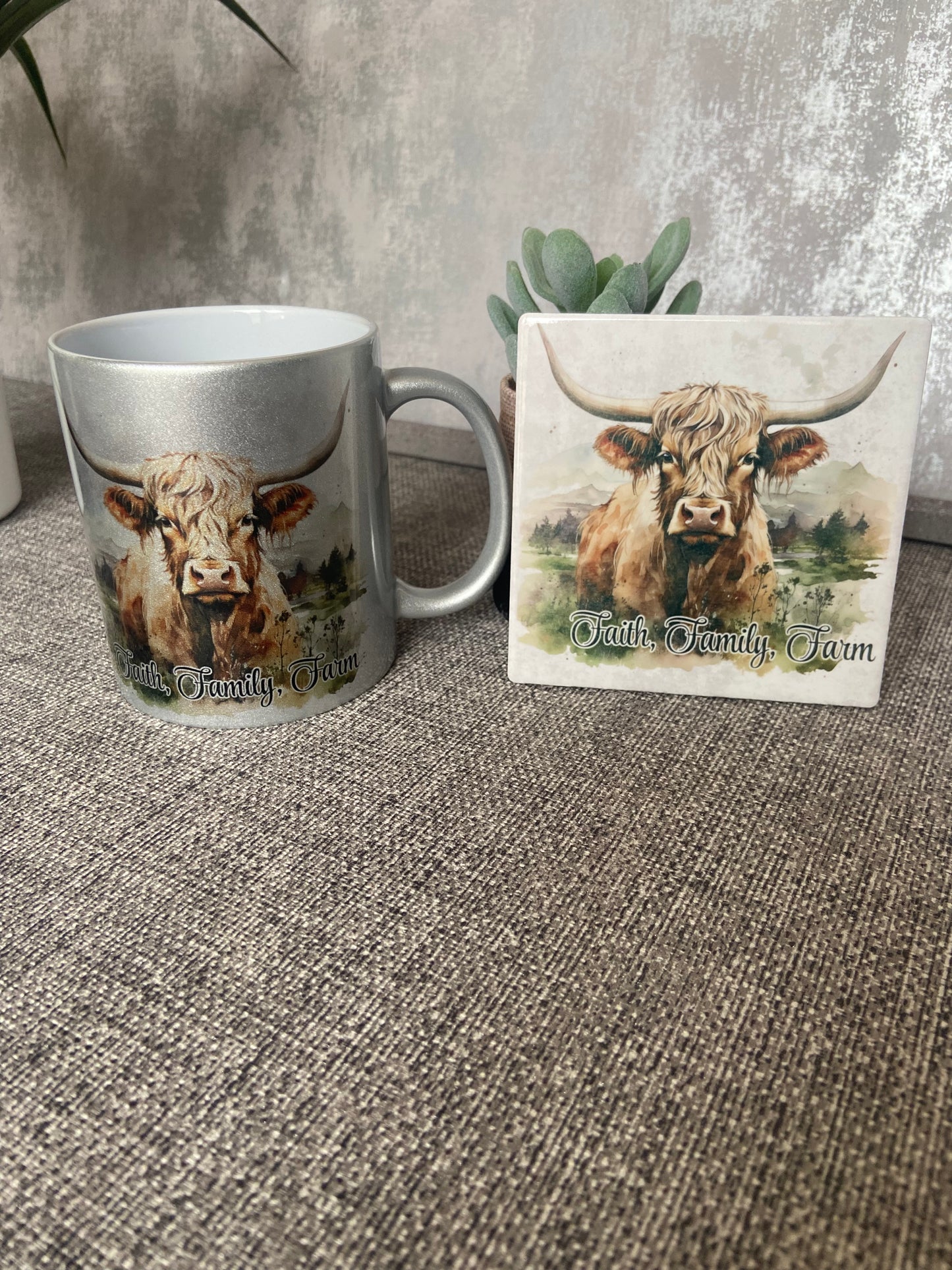 Faith, Family, Farm Highland Cow Mug & Coaster Set