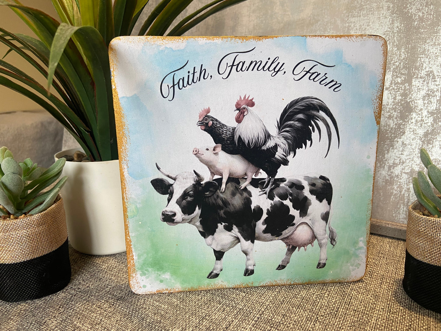 Faith, Family, Farm Wooden Freestanding Plaque 20x20cm