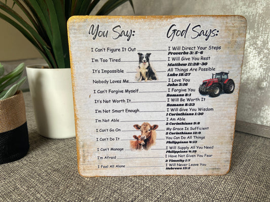 You Say God Says Affirmations - Farm Version Wooden Plaque Freestanding Plaque 15x15cm