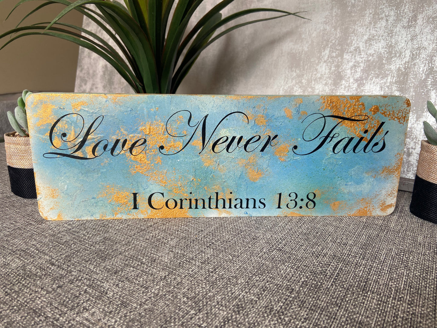 Love Never Fails 1 Corinthians 13:8 Wooden Freestanding Plaque 35x12cm
