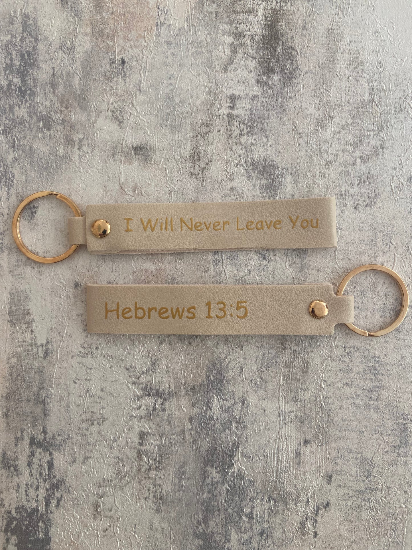 Beige Faux Leather Wristlet Gold Keychain - I Will Never Leave You Hebrews 13:5